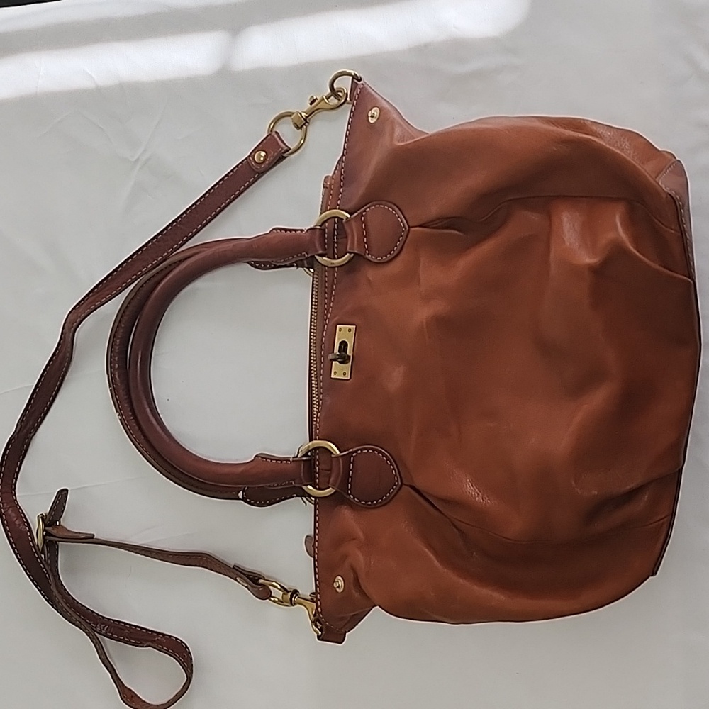J Crew Leather Brompton Handbag Purse Brown Adjustable Strap Brass Hardware